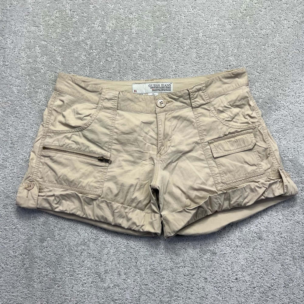 VINTAGE 90s Guess Jeans Cargo Shorts Womens 32 Tan Cotton Stretch Cuffed Y2K